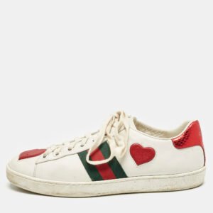 Gucci White Leather Ace Web Heart Detail Lace Up Sneakers Size 38