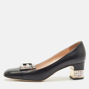 Gucci Black Leather G Crystals Buckle Pumps Size 40.5