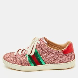 Gucci Pink Glitter and Leather Ace Web Detail Low Top Sneakers Size 36