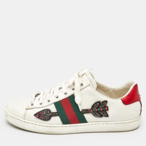 Gucci White Leather Ace Arrow Applique Low Top Sneakers Size 36.5