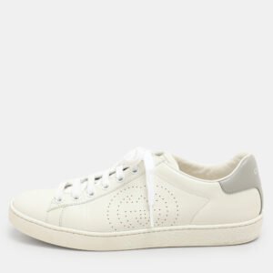 Gucci White/Grey Leather Interlocking G Low Top Sneakers Size 36