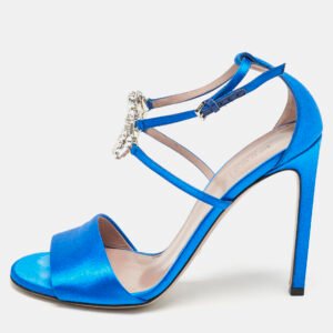 Gucci Blue Satin Interlocking G Crystals Ankle Strap Sandals Size 38.5