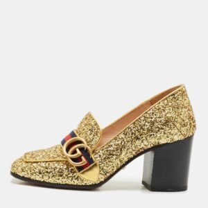 Gucci Gold Glitter Web Peyton GG Marmont Loafer Pumps Size 37