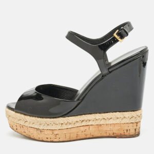 Gucci Black Patent Leather Cork Espadrille Platform Wedge Ankle Strap Sandals Size 39.5