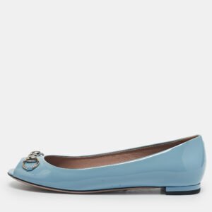 Gucci Light Blue Patent Leather Horsebit Peep Toe Ballet Flats Size 37.5