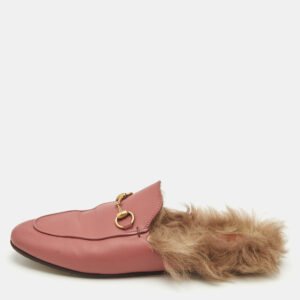 Gucci Pink/Brown Leather and Fur Princetown Flat Mules Size 38