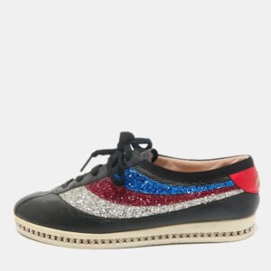 Gucci Black Leather and Glitter Falacer Low Top Sneakers Size 39