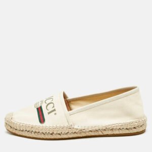 Gucci Canvas Canvas And Leather Trim Logo Print Espadrilles Size 39