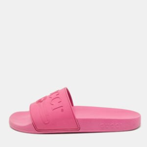 gucci pink rubber logo embossed pool slides size 40