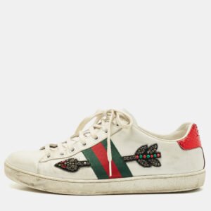 Gucci White Leather and Canvas Ace Low Top Sneakers Size 38