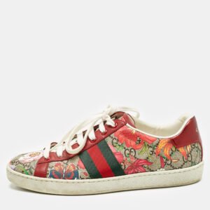 Gucci Red GG Floral GG Canvas and Leather Ace Low Top Sneakers Size 37.5