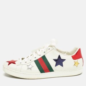 Gucci White Leather Ace Web Star Detail Lace Up Sneakers Size 38.5