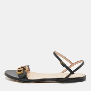 Gucci Black Leather GG Marmont Ankle Strap Flat Sandals Size 36