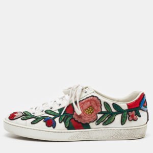 Gucci White Leather Ace Floral Embroidered Low Top Sneakers Size 40