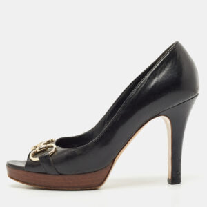 Gucci Black Leather Horsebit Peep Toe Platform Pumps Size 38