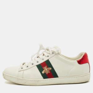 Gucci White Leather Embroidered Bee Ace Low Top Sneakers Size 37.5