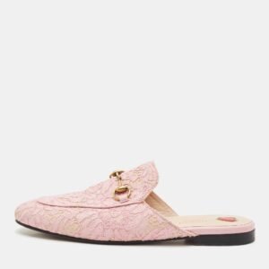 Gucci Pink Lace Princetown Flat Mules Size 38