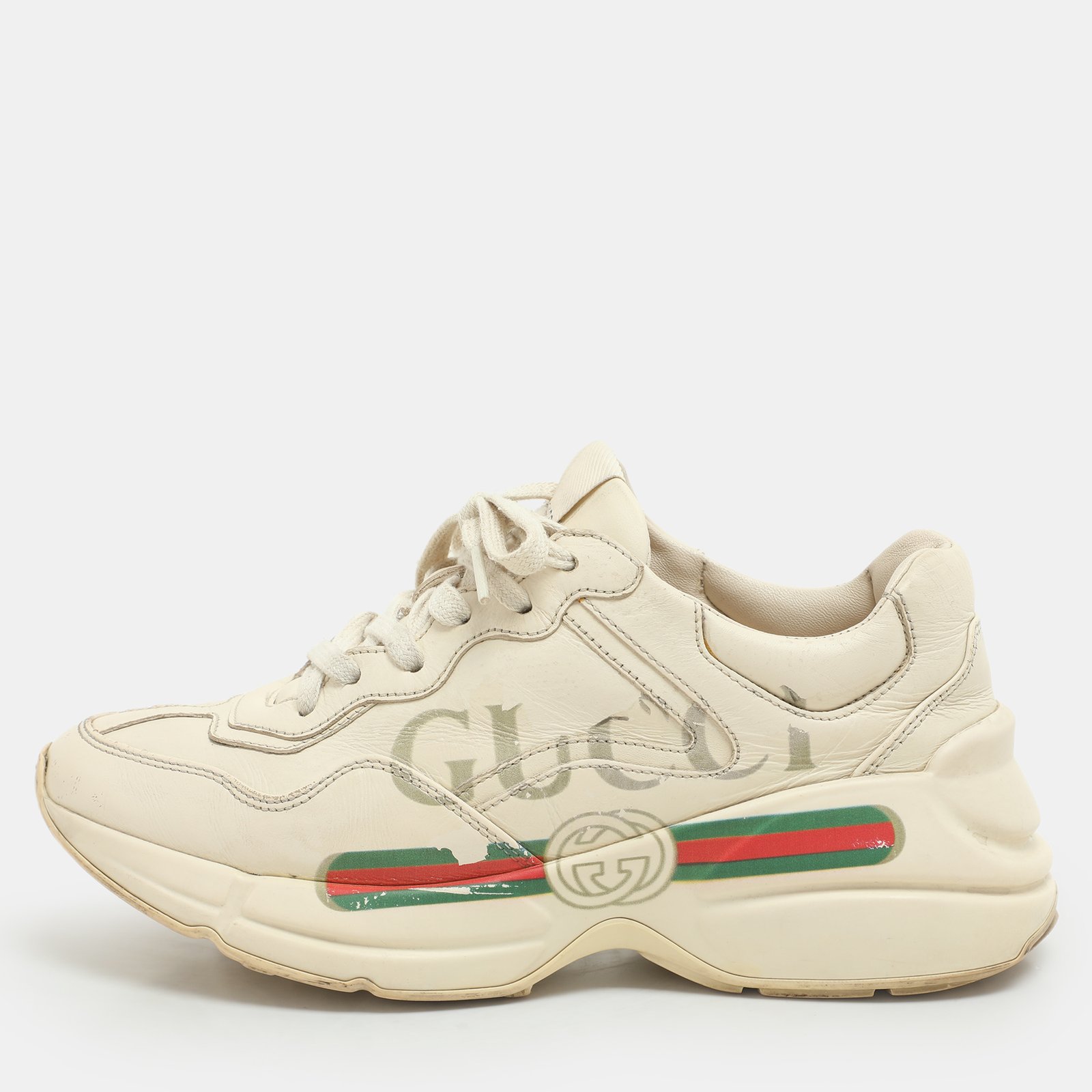 Gucci Off White Leather Rhyton Logo Print Low Top Sneakers Size 36