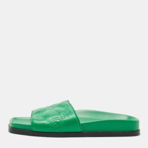 Gucci Green Leather GG Matelassè Embroidered Flat Slide Sandals Size 38