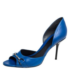 Gucci Blue Leather Horsebit Open Toe Pumps Size 38