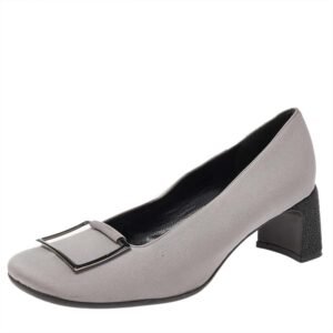 Gucci Grey Fabric Square Toe Metal Trim Block Heel Pumps Size 37.5