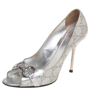 Gucci Silver Leather Horsebit Peep-Toe Pumps Size 39