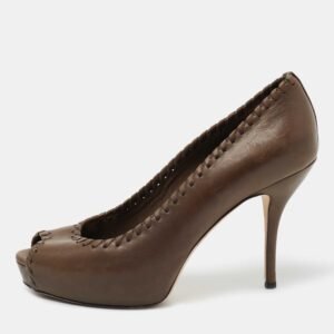 Gucci Brown Leather Whipstitch Peep Toe Platform Pumps Size 38