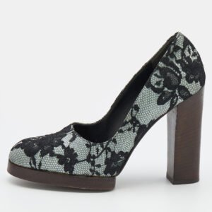 Gucci Black/Grey Floral Lace And Satin Block Heel Pumps Size 36
