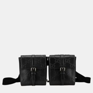 Gucci Black GG Embossed Perforated Leather Double Belt Bag