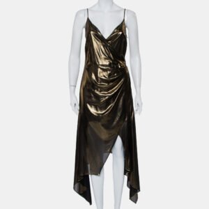 luxury-women-haney-new-clothes-p423298-008 Haney Metallic Gold Lame' Faux Wrap Asymmetrical Hem Dress M