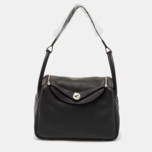 Hermes Noir Taurillon Clemence Leather Palladium Finish Lindy 30 Bag