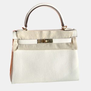 Hermes Cream White Leather Kelly 28 Top Handle Bag
