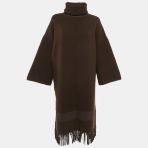 Hermes Brown Wool Knit Fringed Turtle-Neck Poncho Coat M