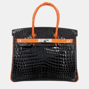 Hermes Orange and Black Niloticus Crocodile Leather Birkin 30