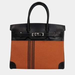 Hermes Orange/Black Toile H Box Calf Leather Birkin 30 Bag