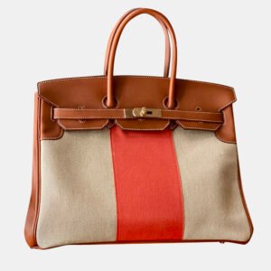 Hermes Fauve, Naturel and Paprika Toile and Barenia Flag Birkin 35 Handbag
