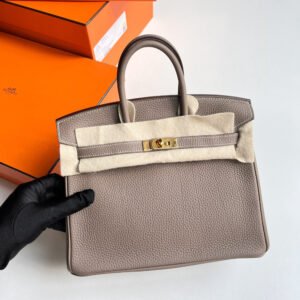 Hermes Etoupe Clemence Leather Birkin 25 Bag