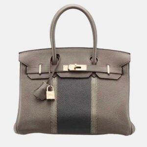 Hermes Etain Grey Togo and Lizard Leather Birkin 35 Top Handle Bag