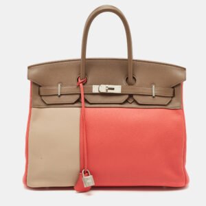 Hermes Rose Jaipur/Argile/Etoupe Taurillon Clemence and Swift Leather Brushed Palladium Finish Birkin 35 Bag