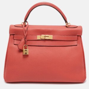 Hermes Rouge Pivoine Togo Leather Gold Finish Kelly Retourne 32 Bag