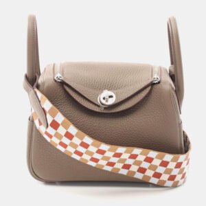 luxury-women-hermes-used-handbags-p1151484-004 Hermes Etoupe Grey Maxi-Quadrille Taurillon Clemence Leather Lindy Mini Crossbody Bag