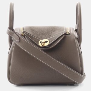 luxury-women-hermes-used-handbags-p1151493-002 Hermes Etoupe Grey Taurillon Clemence Leather Lindy Mini Crossbody Bag