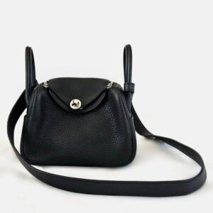 Hermes Noir Taurillon Clemence Leather Palladium Finish Mini Lindy