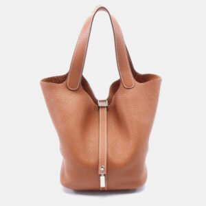 Hermes Brown C Shw Clemence Leather Picotin Lock MM Handbag