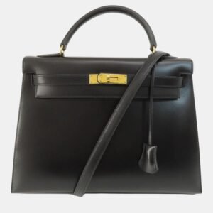 Hermes Black Box Calf Leather Kelly 32 Handbag