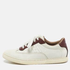 Hermes White/Burgundy Leather and Lizard Quicker Low Top Sneakers Size 40