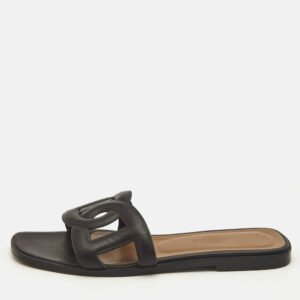 Hermes Black Leather Aloha Flat Slides Size 37