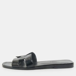 Hermes Black Patent Leather Oran Flat Slides Size 37.5
