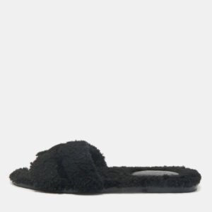 Hermes Black Shearling Fur Oran Flat Sandals Size 39