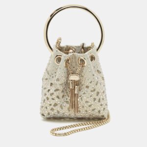Jimmy Choo Gold/Blue Suede Crystal Embellished Micro Bon Bon Bucket Bag